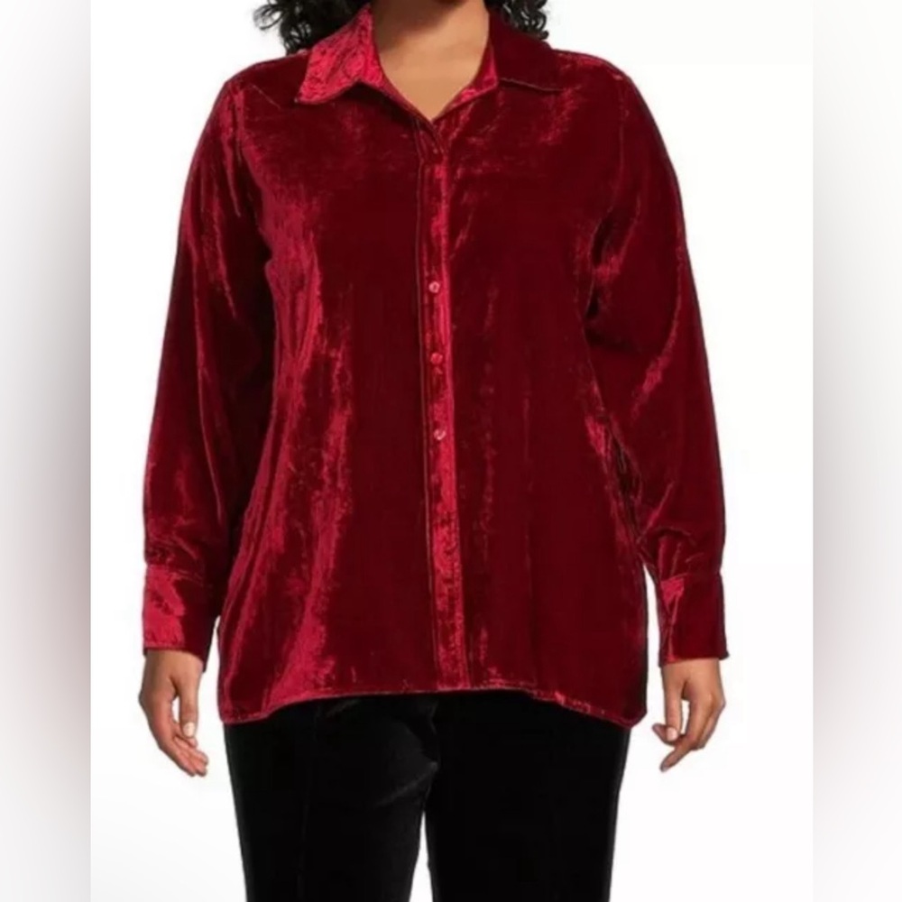 NWT John Mark Plus Size 1X Red Velvet Long Sleeve Button Front Tunic